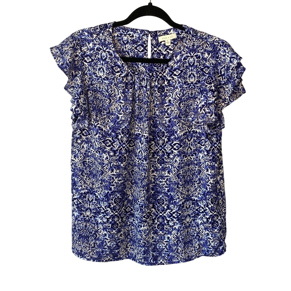 Alex & Lili‎ Blue White Medallion Paisley Flutter Sleeve Blouse Top Large